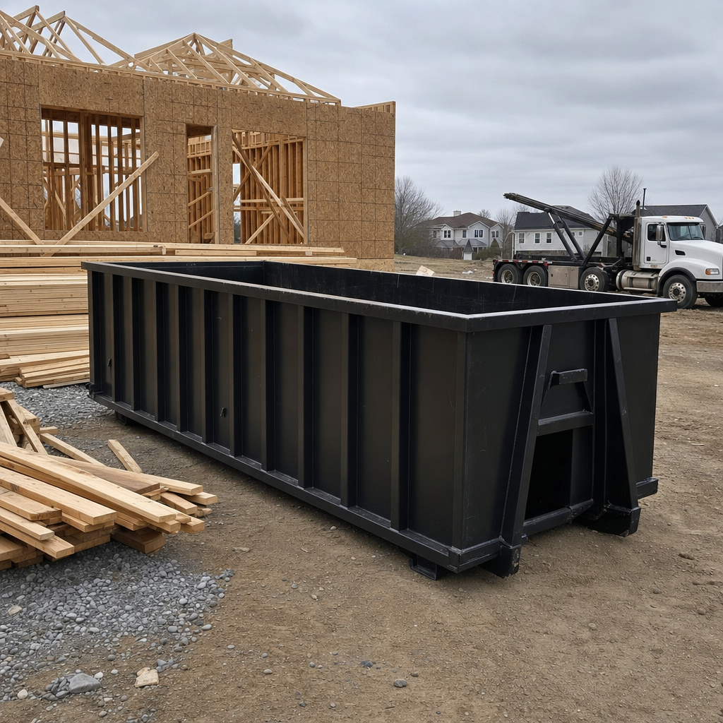 Matte-black 40-yard roll-off dumpster staged on a framed-out residential construction site in Horsham, framing lumber stacked nearby, hooklift delivery truck visible in the background under bright Colorado daylight