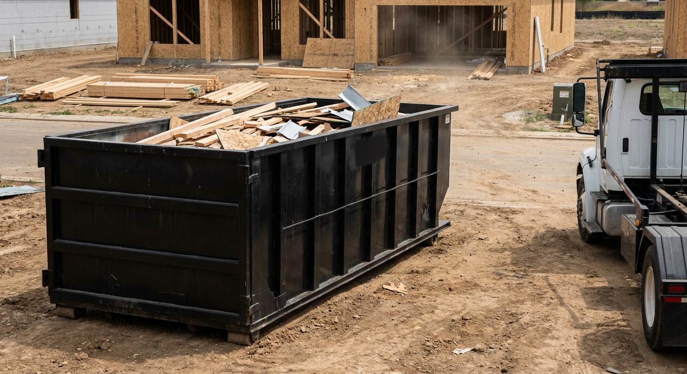 Matte-black 20-yard roll-off construction dumpster with heavy ribbed steel sidewalls and swing rear doors at a working jobsite in Horsham, sitting directly on compacted dirt with an unmarked white hauler partially visible at the far edge of the frame.