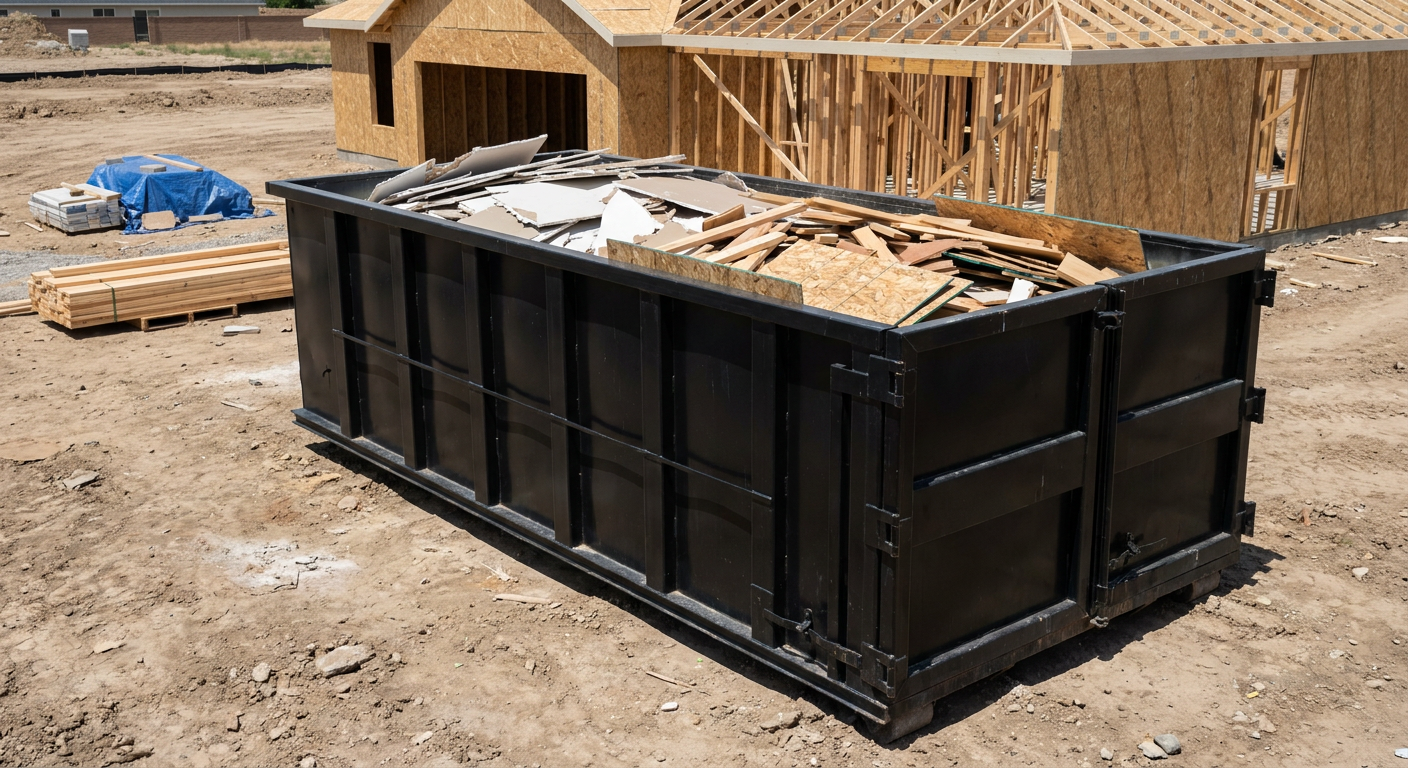 Matte-black 30-yard roll-off construction dumpster sitting directly on the compacted-dirt site of a framed single-family home build in Horsham, drywall and lumber scrap loaded inside.