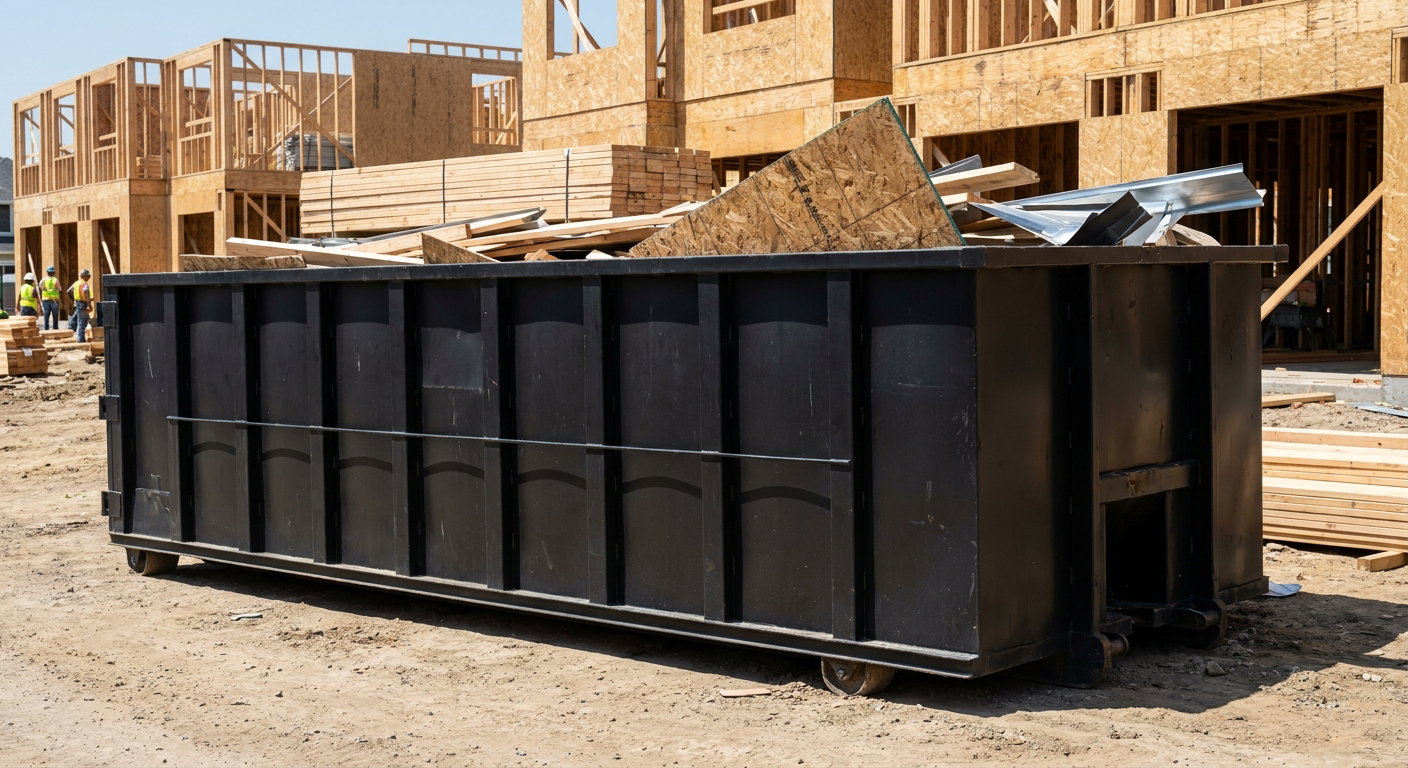 Matte-black 40-yard roll-off construction dumpster being lowered from a white-cab hooklift delivery truck onto the compacted-dirt jobsite at a commercial build site in Horsham