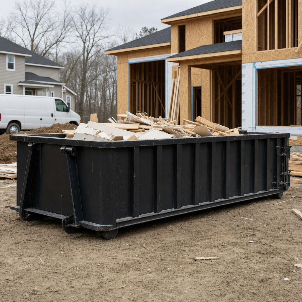 Worker in a yellow high-visibility vest tossing framing lumber and broken drywall into a matte-black 30-yard construction roll-off dumpster on an active build site in Horsham, bright daylight