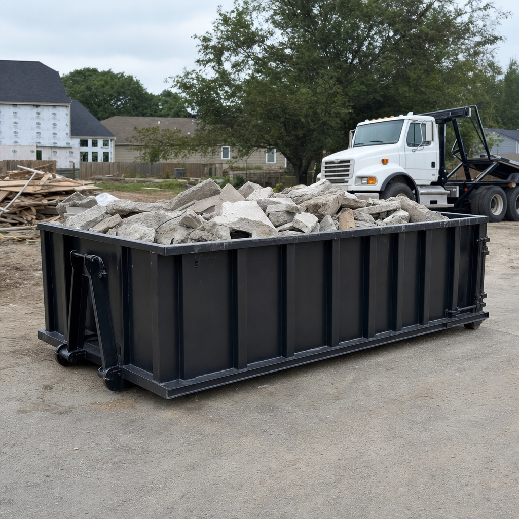 Low-profile matte-black lowboy roll-off dumpster loaded with broken concrete slab and rebar at a foundation tear-out in Horsham, skid steer parked beside it, sunny Colorado morning