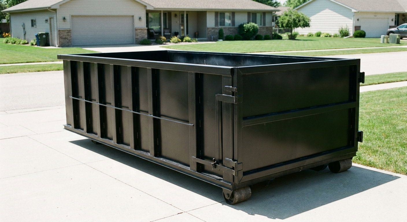 Matte-black 10-yard roll-off dumpster on a residential concrete driveway in Horsham, uniformly painted matte black across every panel and rail, ribbed steel sidewalls and rear swing door visible, mid-day daylight.