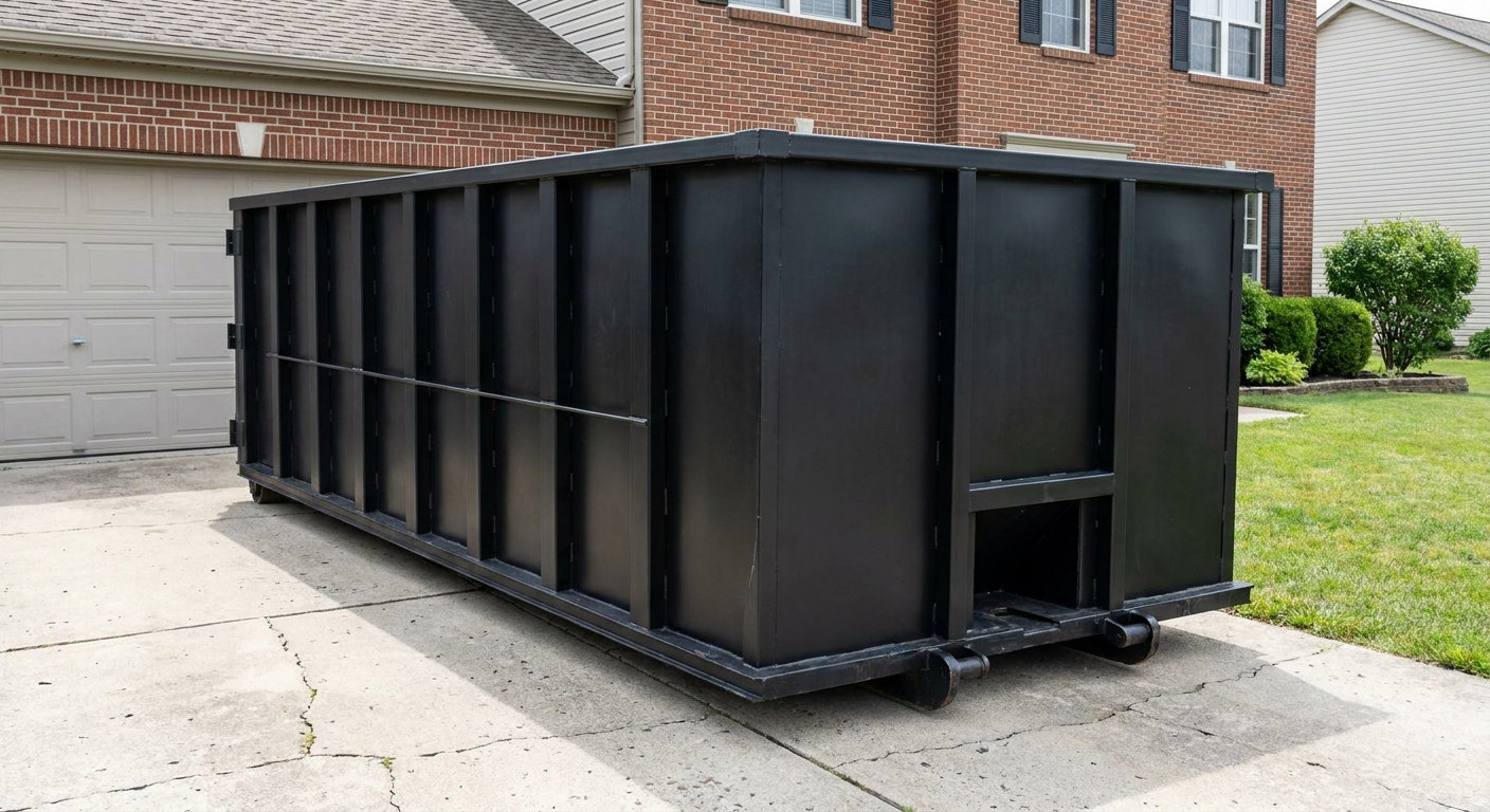 Matte-black 20-yard roll-off container on a Horsham residential concrete driveway with reinforced ribbed steel sidewalls and a hinged rear walk-in door, clean bright daylight.