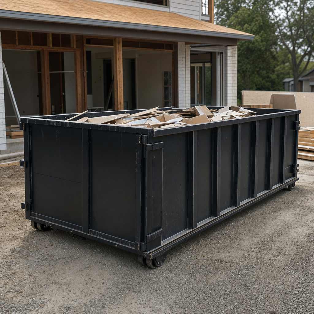 Large matte-black 30-yard construction roll-off dumpster at an active Horsham jobsite, steel-gray top rails and bottom rollers visible, loaded with construction debris.