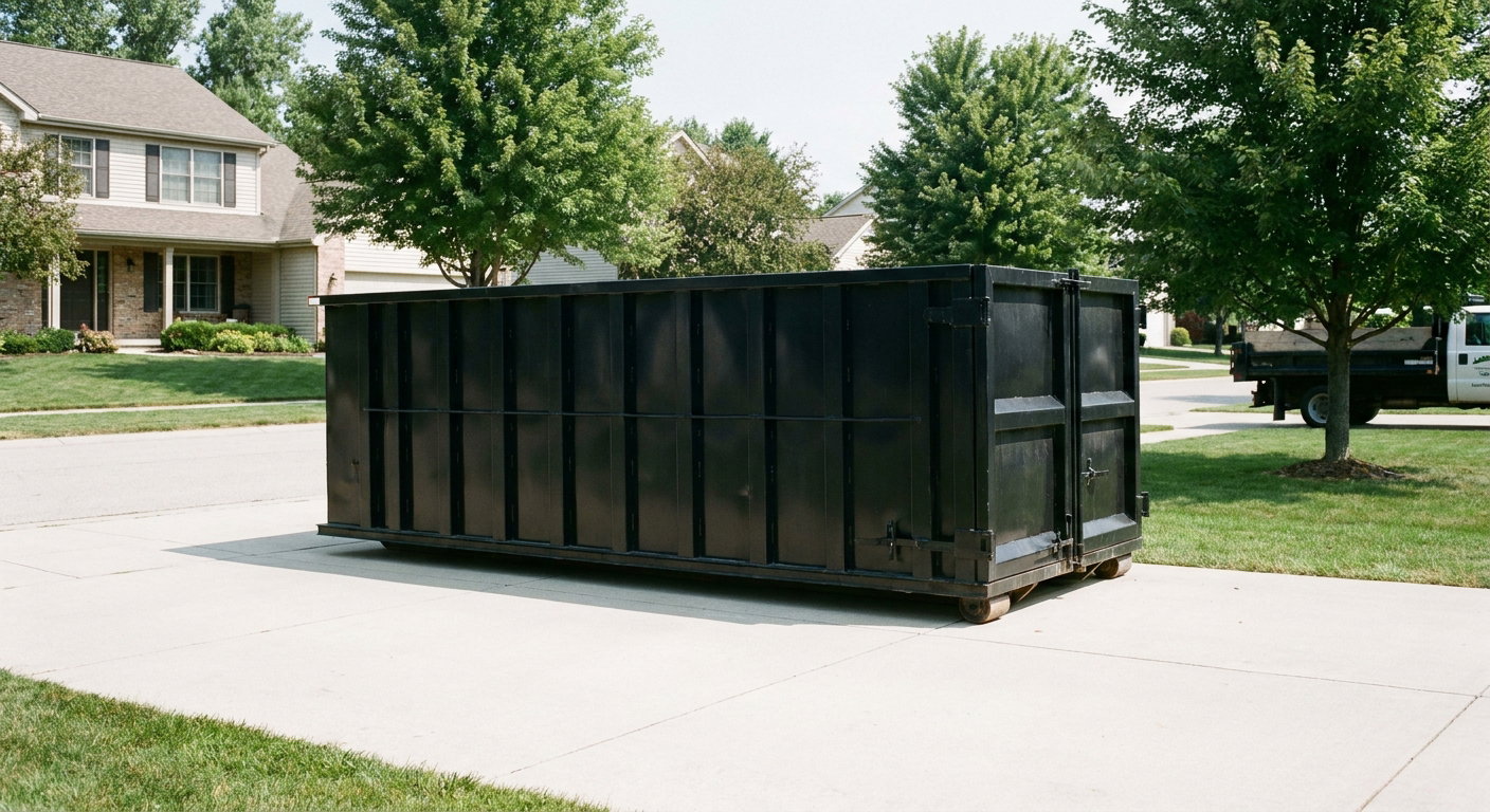 Matte-black 20-yard roll-off dumpster sitting level on a clean Horsham residential concrete driveway under bright daylight, demonstrating clean placement directly on the concrete.