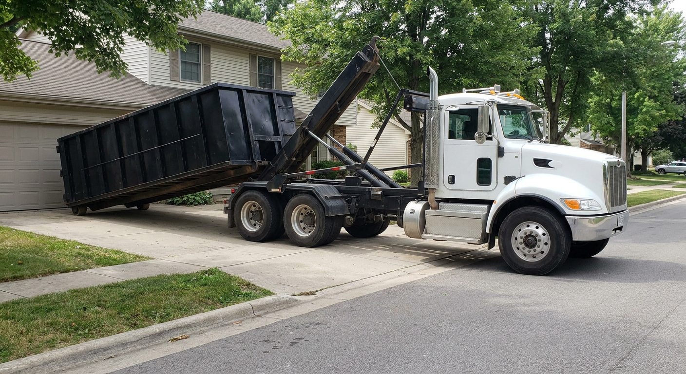 White-cab hooklift roll-off truck actively lowering a matte-black dumpster onto a Horsham residential concrete driveway, the dumpster's rear wheels touching the driveway as the hoist arm tilts the bed forward, mid-morning daylight.