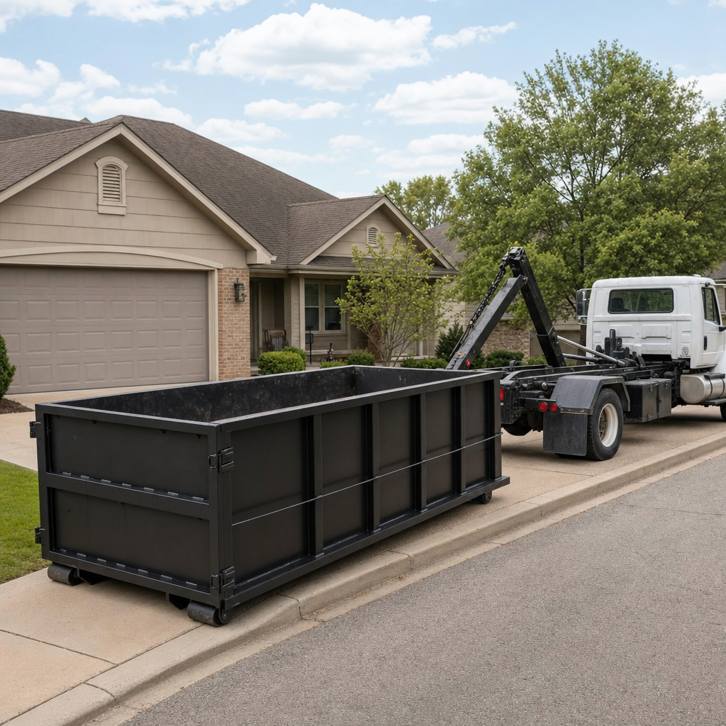 Wide documentary shot of a matte-black roll-off dumpster on a Horsham residential driveway in the foreground and a contractor jobsite container in the soft-focus background, bright daylight, calm and orderly composition.