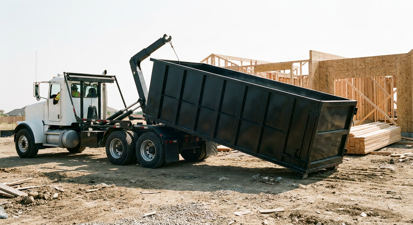 Matte-black roll-off dumpster being delivered onto a clean residential concrete driveway in Horsham by an unmarked white hooklift hauler truck, bright morning daylight, documentary 35mm perspective.