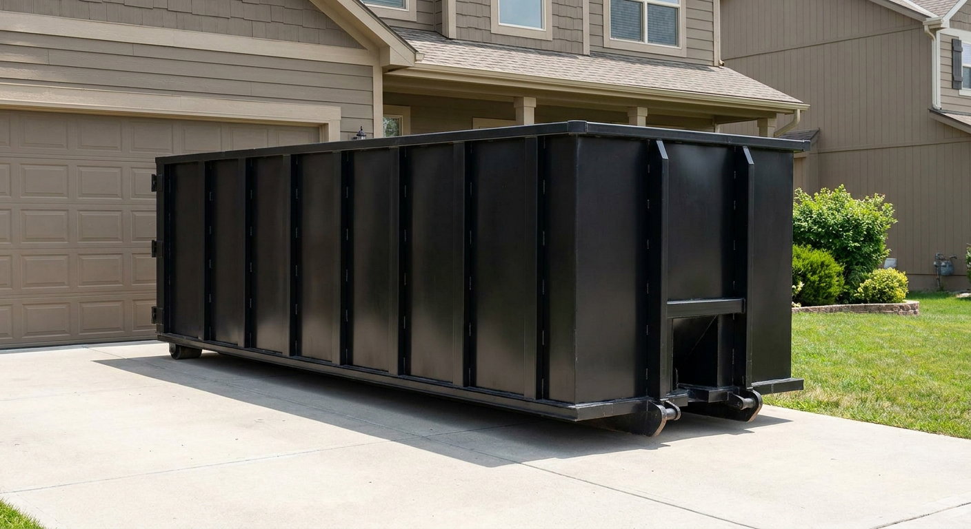 Matte-black residential roll-off dumpster sitting directly on a suburban Horsham concrete driveway, garage door closed, single-family home in background, bright morning daylight.