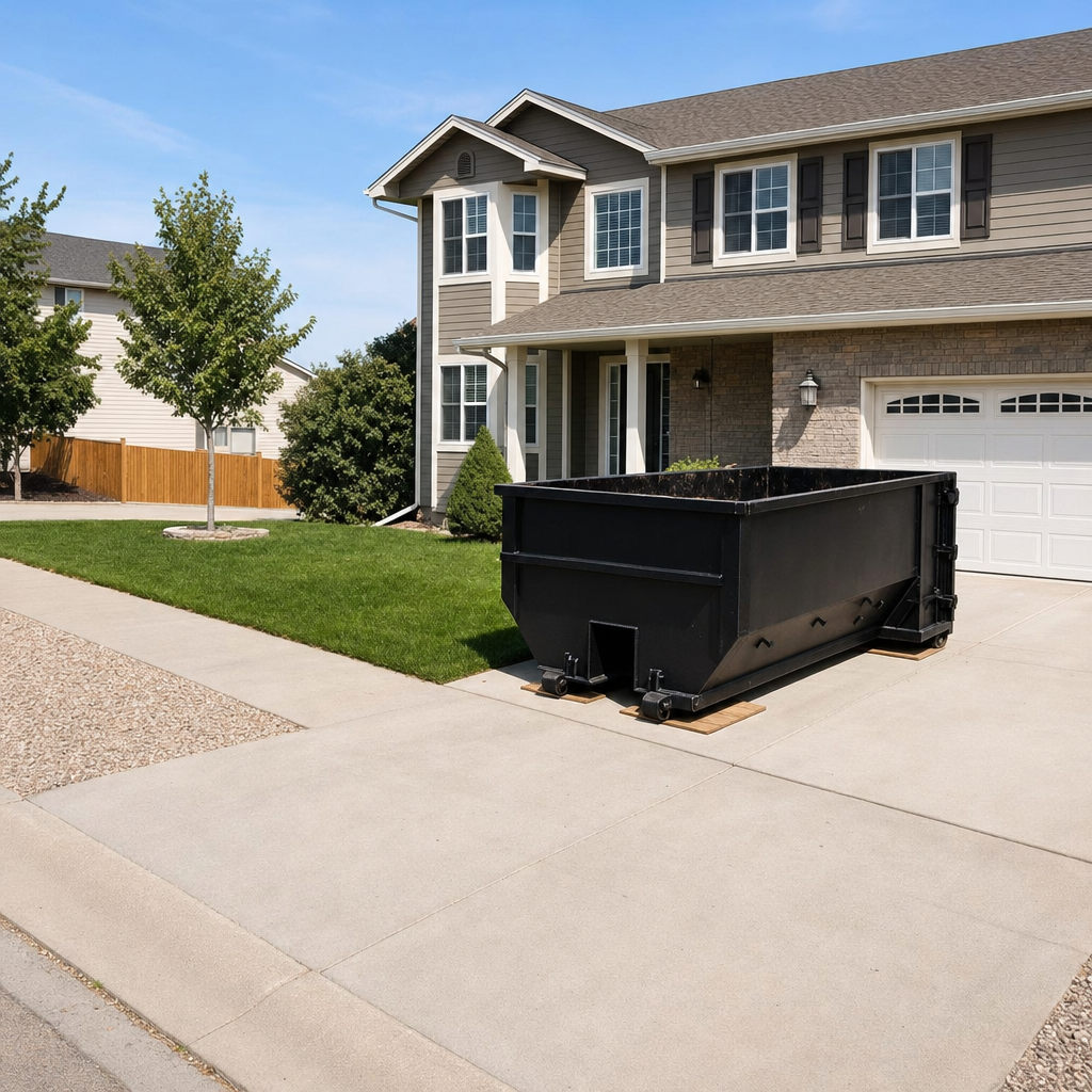 10-yard matte-black residential dumpster placed directly on a narrow Horsham concrete driveway, room remains for a parked sedan beside it, mid-morning natural light