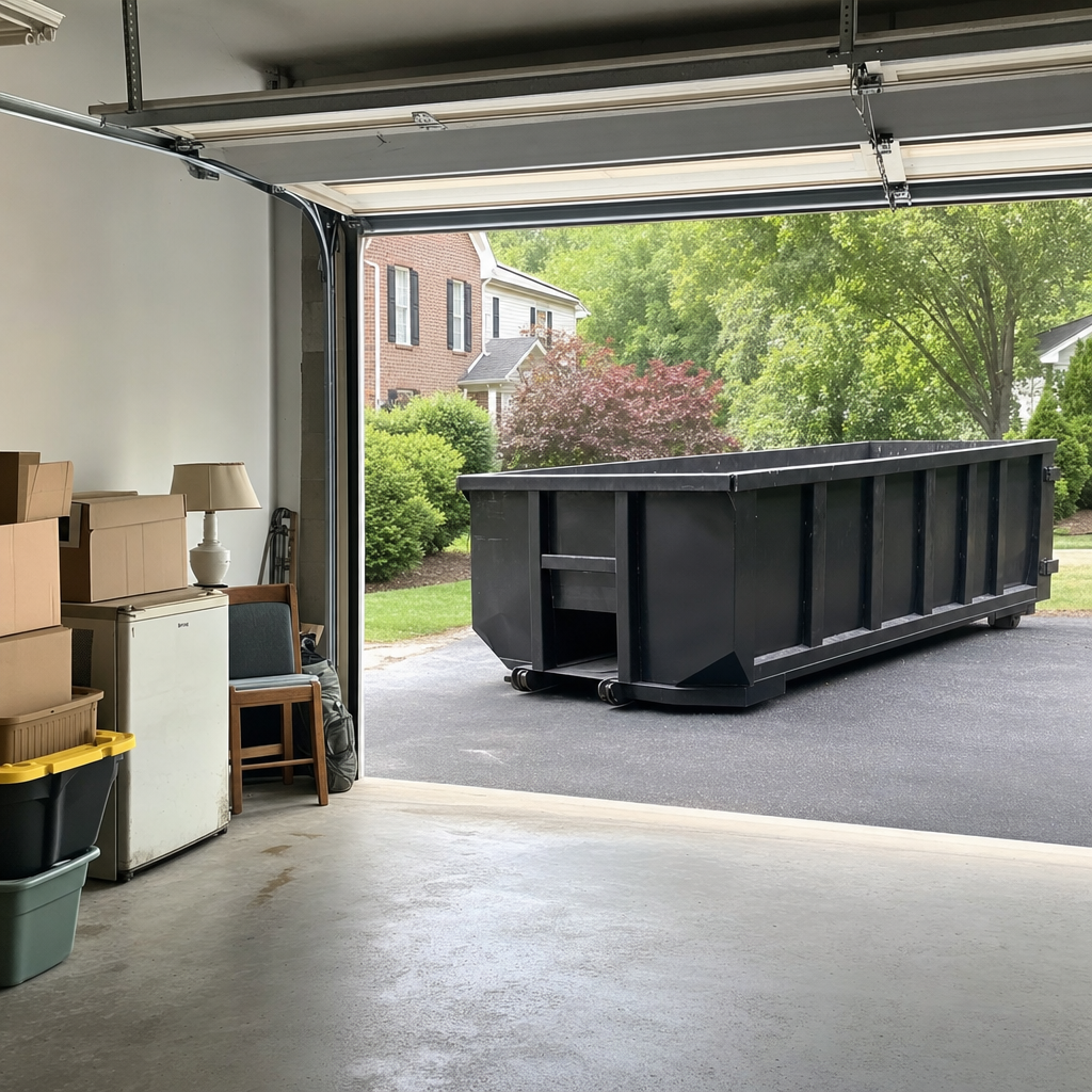 Open garage interior in a Horsham home mid-cleanout — boxed items, an old appliance, and stacked yard tools queued near the driveway for a matte-black roll-off dumpster, organized and calm