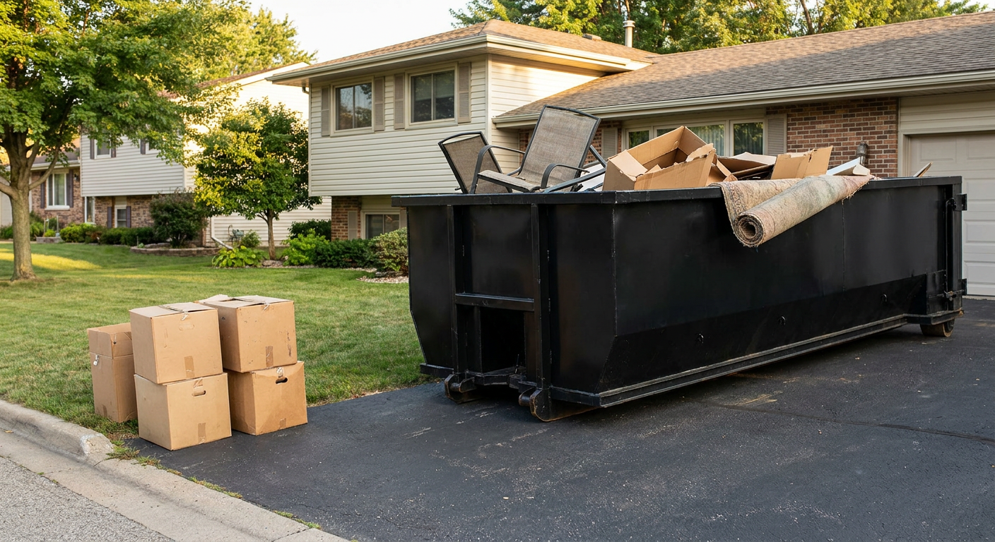 Front-yard view of a Horsham split-level home with a 20-yard matte-black roll-off dumpster sitting directly on the asphalt driveway, a few clearly labeled donation boxes staged at the curb, calm sunny afternoon.