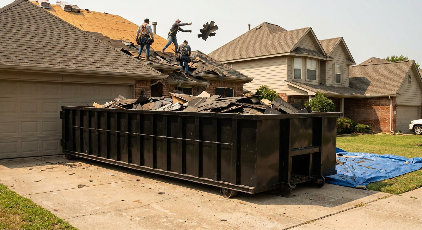 Matte-black roofing roll-off dumpster placed directly on a Horsham residential concrete driveway, a tear-off crew on a two-story asphalt-shingle roof tossing shingle bundles into the low-walled container, bright daylight, documentary 35mm perspective.