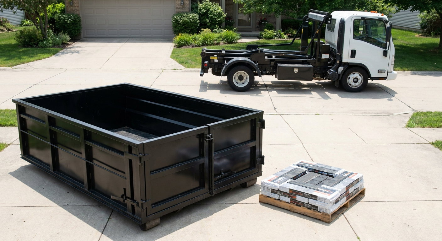 Matte-black 15-yard roofing roll-off dumpster with reinforced low side walls sitting directly on a Horsham residential concrete driveway, three-tab asphalt shingle bundles stacked nearby, an unmarked white hauler truck partially visible at the edge of the frame.