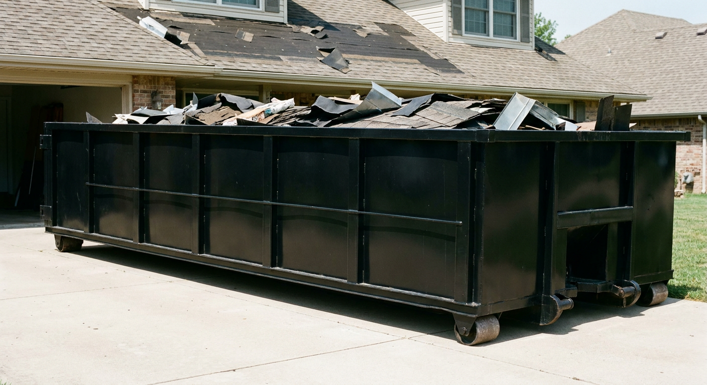 Matte-black 20-yard roofing roll-off dumpster with steel ribbed sides and swinging rear door, sitting directly on the concrete driveway of a two-story Horsham home, asphalt shingle debris being loaded over the low wall, clean documentary lighting.