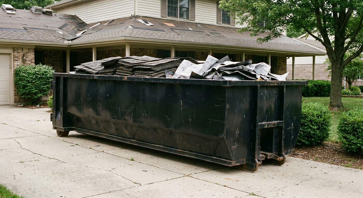 Matte-black 30-yard roofing roll-off dumpster sitting directly on a Horsham concrete driveway, taller ribbed steel side panels, mixed tear-off debris of asphalt shingles and underlayment inside, professional documentary daylight.