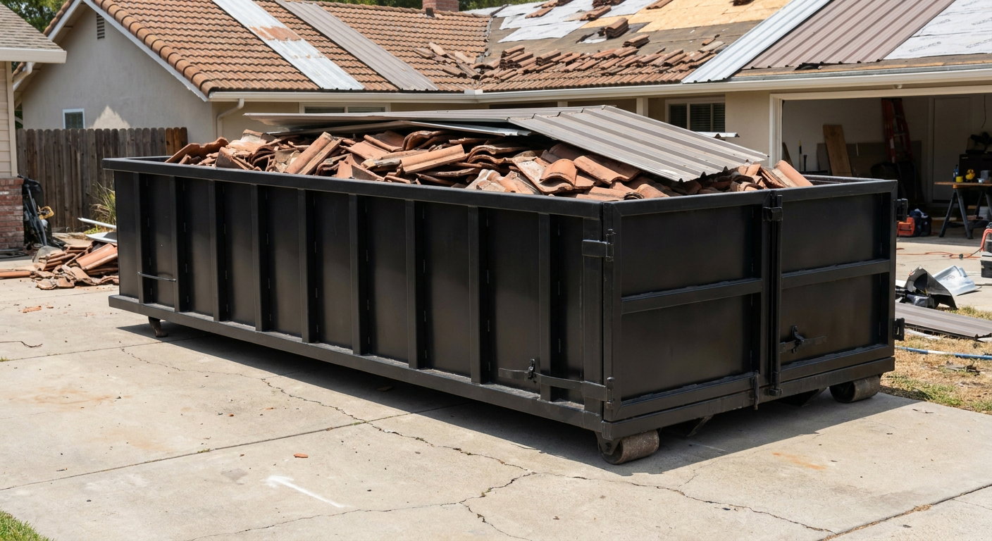 Matte-black low-wall heavy-debris roofing roll-off dumpster sitting directly on a Horsham concrete driveway, broken concrete clay roof tiles and metal panel sections loaded inside, reinforced ribbed steel side walls visible, bright outdoor daylight.