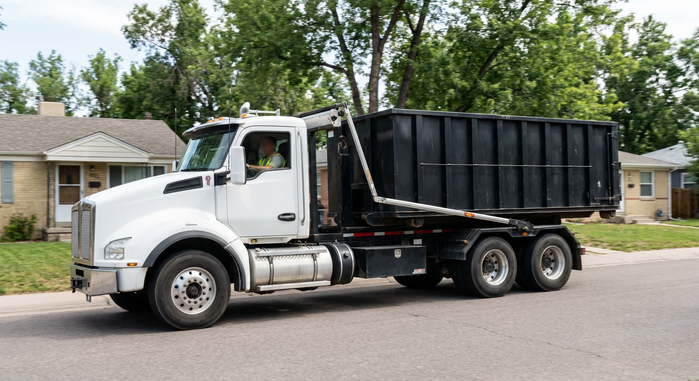 A wide documentary shot of a matte-black roll-off delivery truck pulling onto a quiet Horsham residential street at mid-morning, with neighborhood rooftops and tree-lined blocks visible behind, showing the metro coverage footprint.