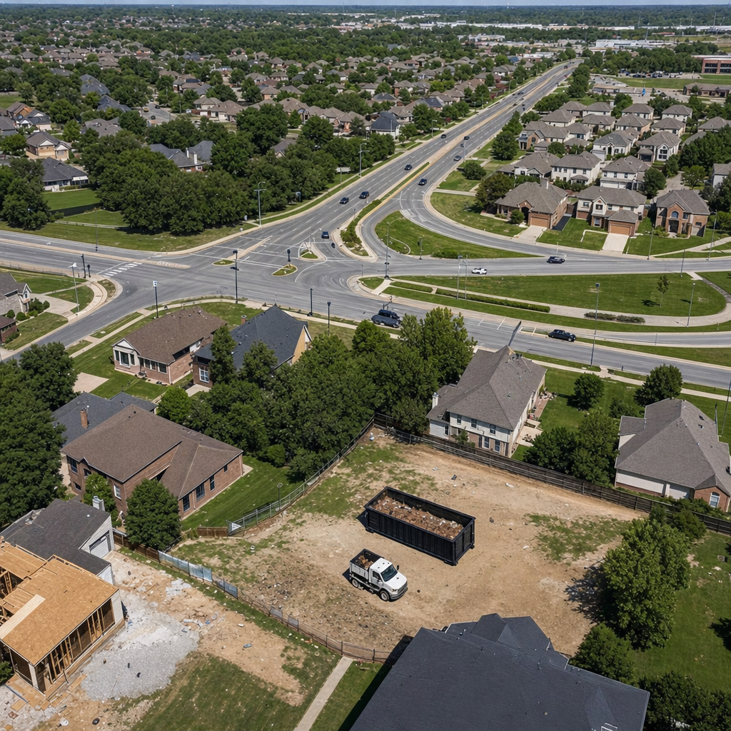 An overhead documentary view of the Horsham metro area at midday, showing the spread of neighborhoods, arterial roads, and the dispatch radius from a central yard — clean daylight, organized geographic layout.