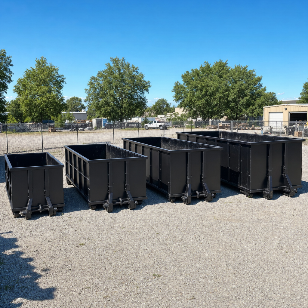 A clean lineup of matte-black roll-off dumpsters in 10, 20, 30, and 40-yard sizes staged on a sunlit gravel yard in Horsham, showing the size progression from compact to commercial-scale containers.