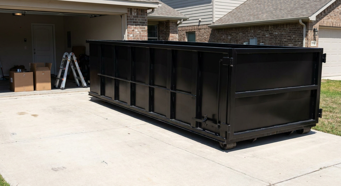 A matte-black 10-yard roll-off dumpster sitting directly on a residential Horsham concrete driveway, mid-day sunlight, clean and ready for a garage cleanout.