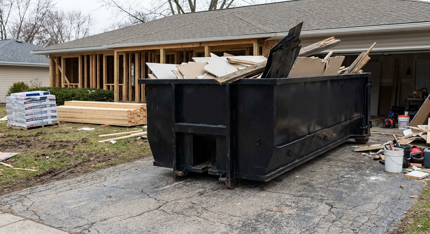 A matte-black 20-yard roll-off dumpster placed alongside a mid-renovation Horsham home directly on the asphalt driveway, with framing materials and torn-off shingles staged neatly nearby.