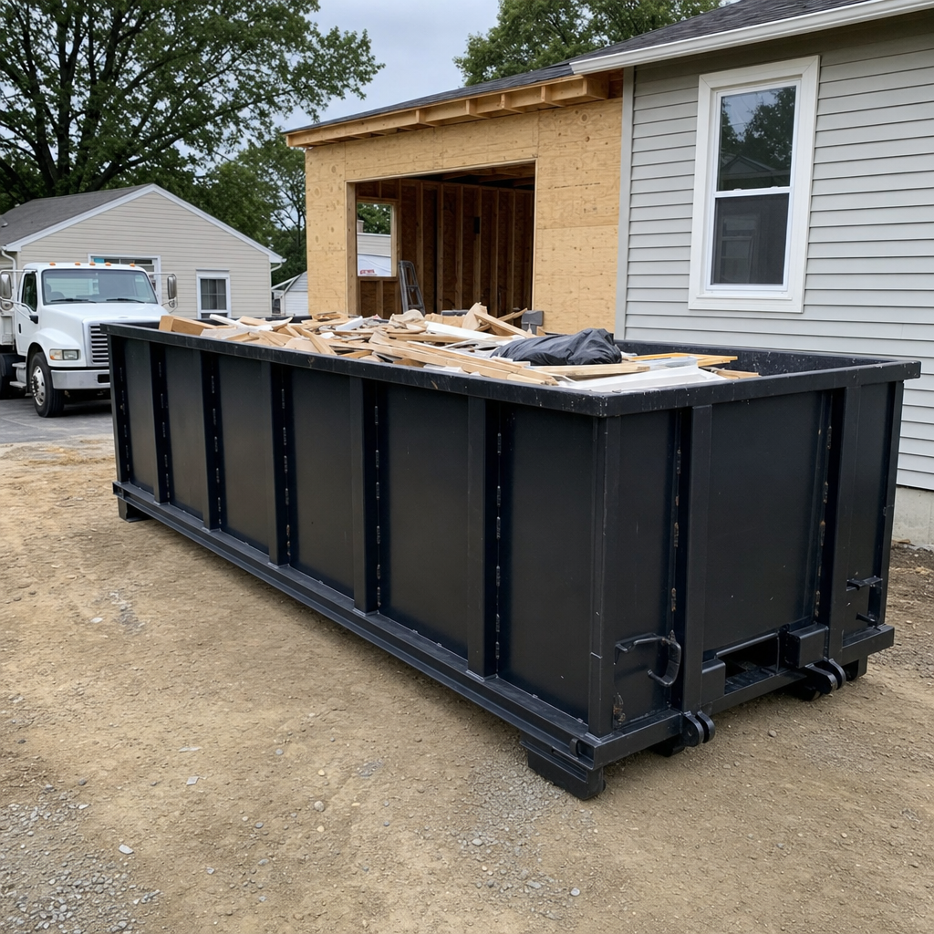 A matte-black 30-yard roll-off dumpster positioned at a Horsham residential addition jobsite, with framing lumber and drywall scraps loaded through the open swinging rear doors.