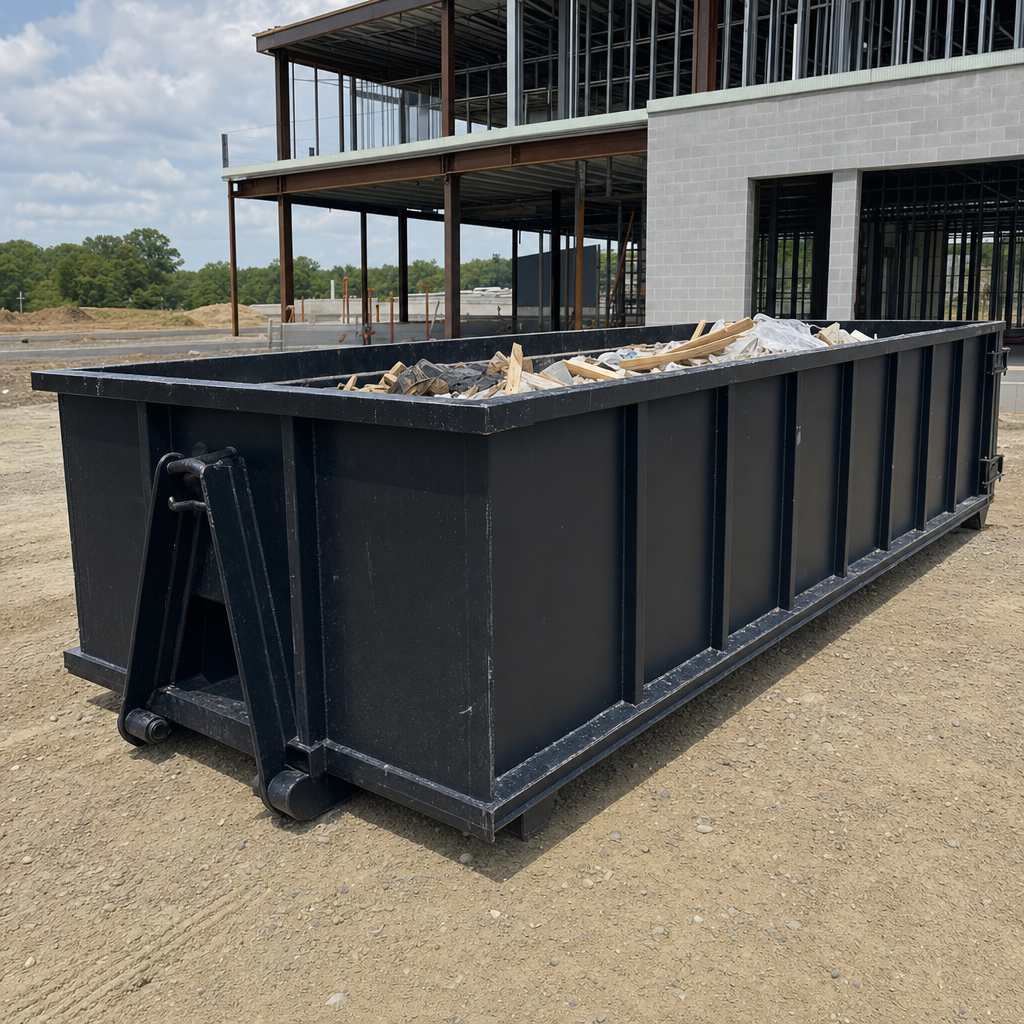 A matte-black 40-yard roll-off dumpster staged on a large Horsham commercial construction lot, with a hooklift delivery truck parked alongside under bright midday sky.