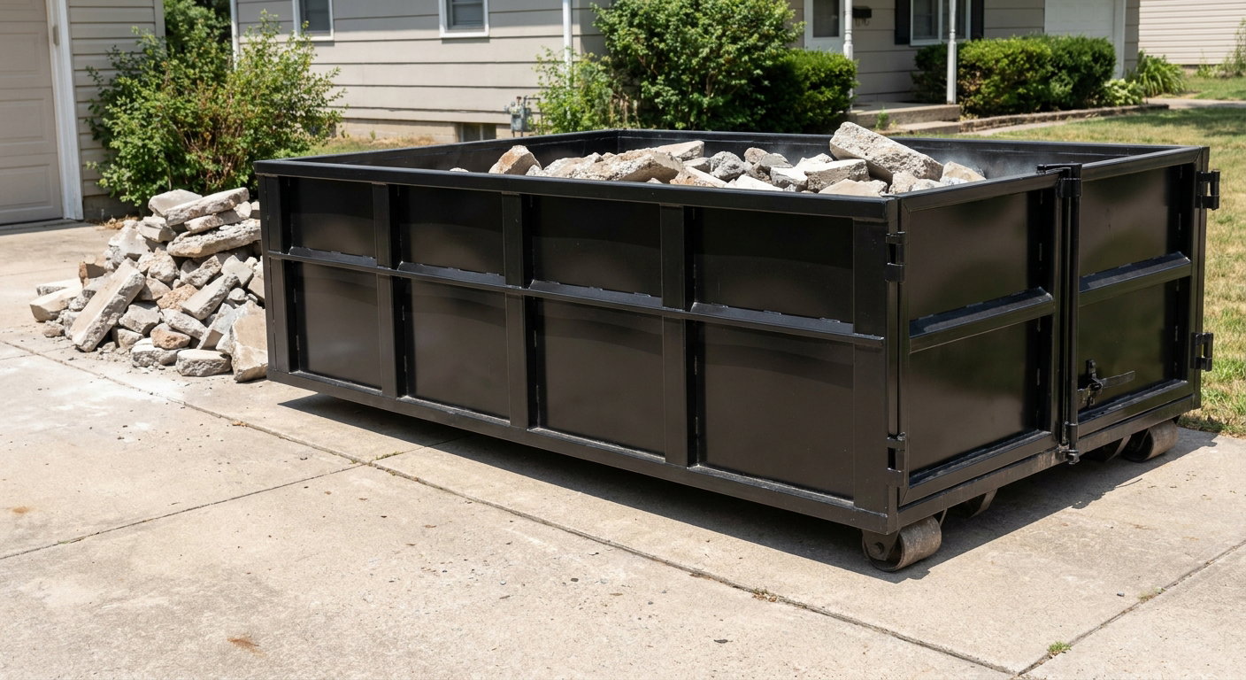 A matte-black low-side heavy-debris roll-off dumpster placed directly on a Horsham concrete driveway, with broken concrete chunks neatly stacked beside it under clean daylight.
